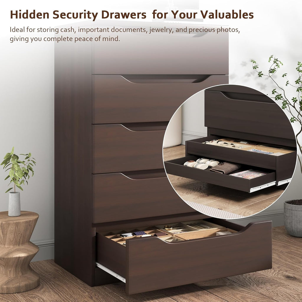 Brown Tall 5 Drawer Dresser for Bedroom with Hidden Storage Design, Large Modern Closet Dressers & Chests of Drawers with Cut-Out Handles, 27.6" L*15.8" W*45.3" H for Bedroom, Living Room, Nursery