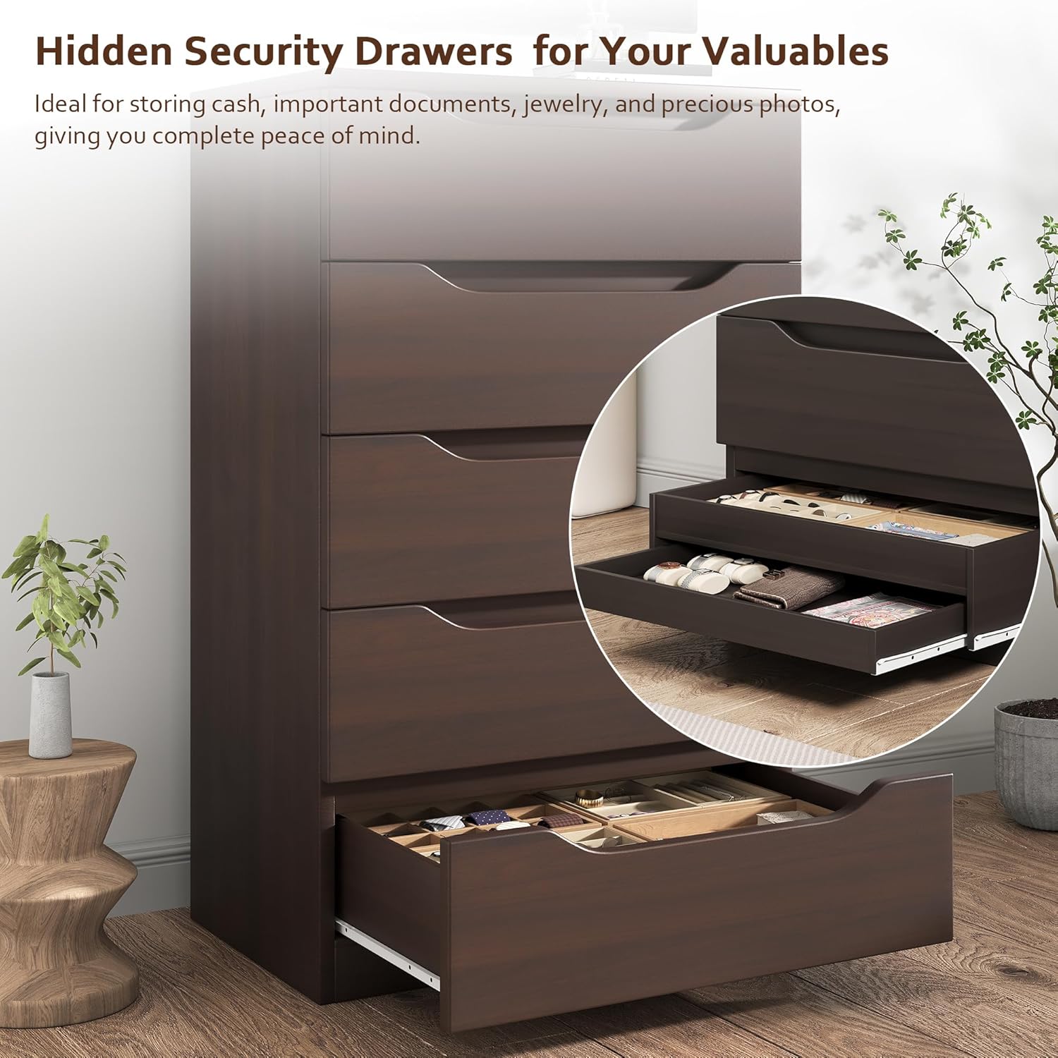 Brown Tall 5 Drawer Dresser for Bedroom with Hidden Storage Design, Large Modern Closet Dressers & Chests of Drawers with Cut-Out Handles, 27.6" L*15.8" W*45.3" H for Bedroom, Living Room, Nursery