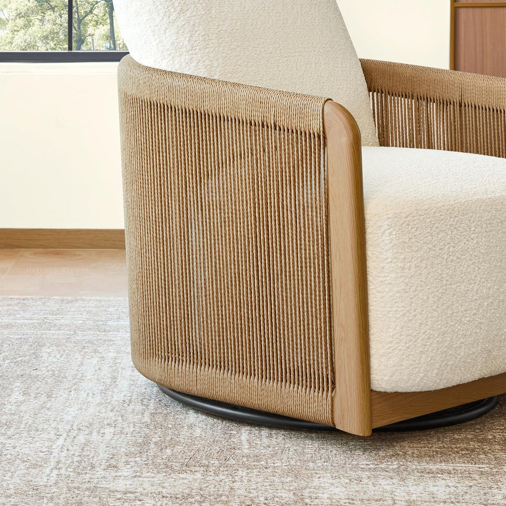 CHITA Braid Swivel Accent Chairs, Modern Comfy Armchair with Transfer-Printed Wood-Like Finish Metal Frame for Living Room and Bedroom, Boho Reading Chair, Cream