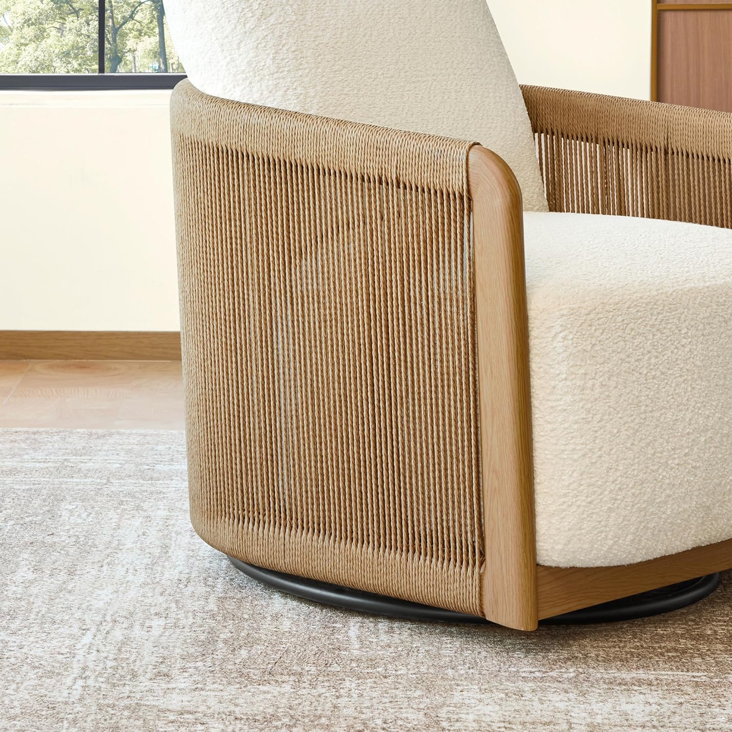 CHITA Braid Swivel Accent Chairs, Modern Comfy Armchair with Transfer-Printed Wood-Like Finish Metal Frame for Living Room and Bedroom, Boho Reading Chair, Cream