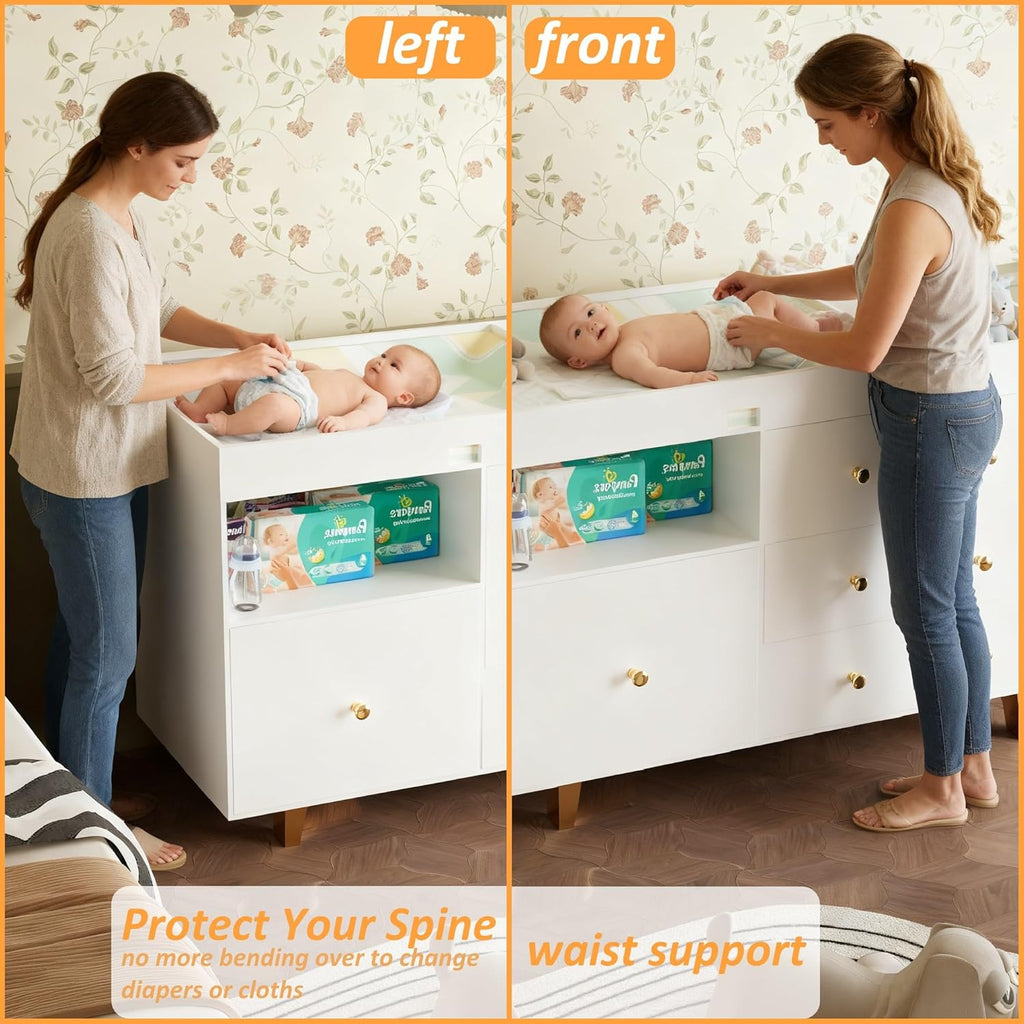 Wooden Baby Changing Table Dresser,Diaper Changing Table with Large Tabletop,4 Drawers, Open Storage Space & Side Shelves,Modern Storage Crib with Changing Table for Nurseries and Baby Rooms,White