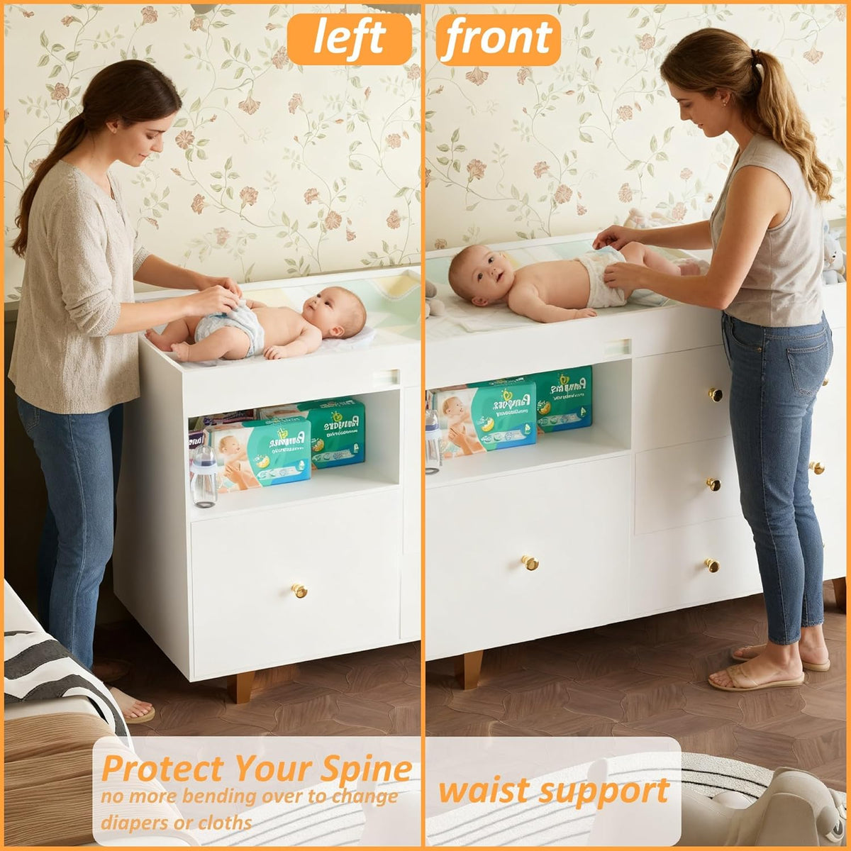 Wooden Baby Changing Table Dresser,Diaper Changing Table with Large Tabletop,4 Drawers, Open Storage Space & Side Shelves,Modern Storage Crib with Changing Table for Nurseries and Baby Rooms,White