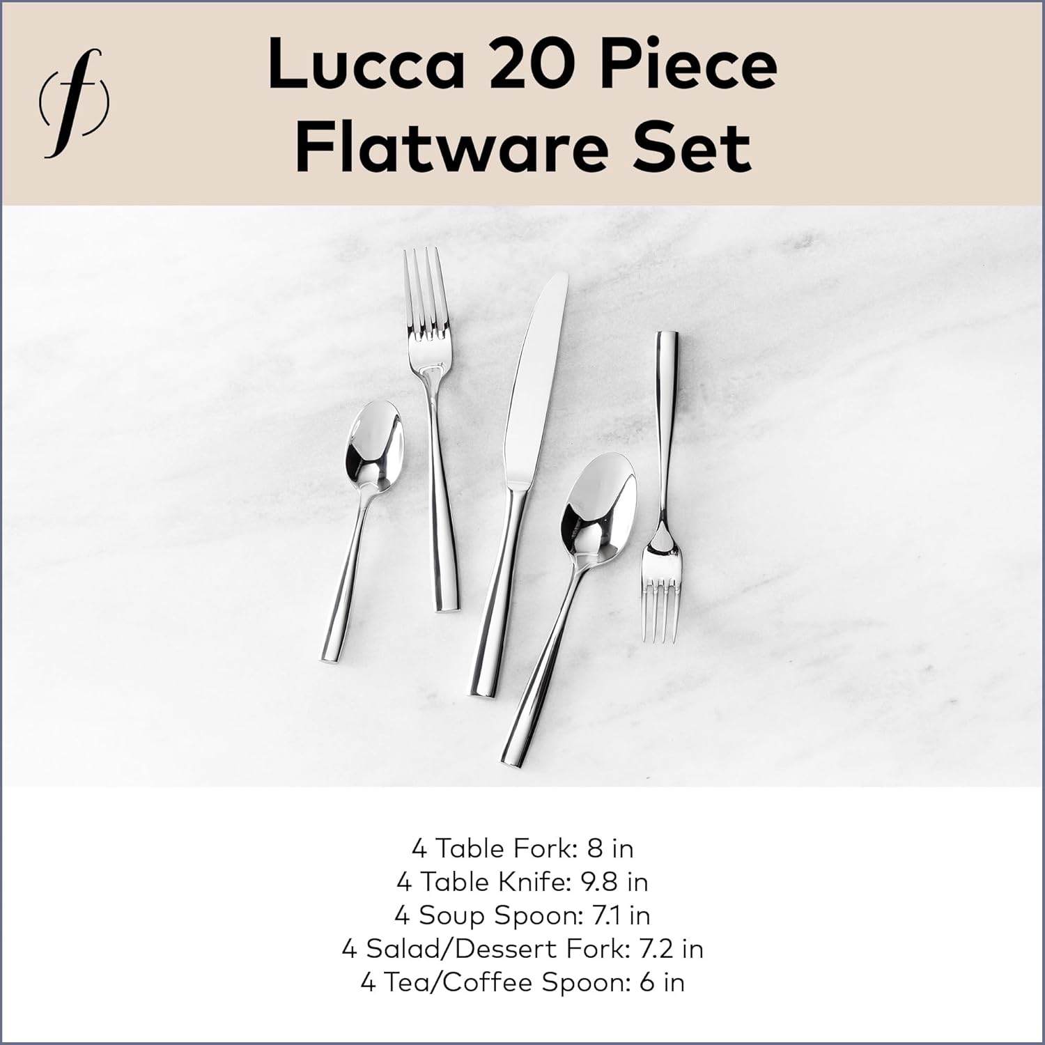 FORTESSA Lucca 18/10 Stainless Steel Flatware, 20 Piece Place Setting With Table Knives, Forks and Spoons (Service For 4), Dishwasher Safe, Polished