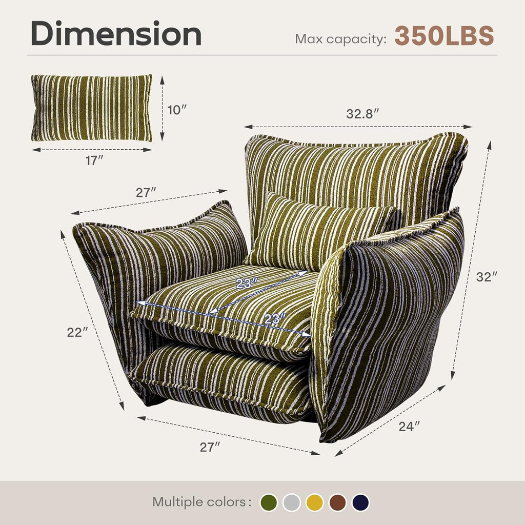 Chenille Accent Chair with Lumbar Pillow, Green Stripe, Wide Armrests, Deep Seat, 7 Inch High-Density Foam, 350 lbs Capacity