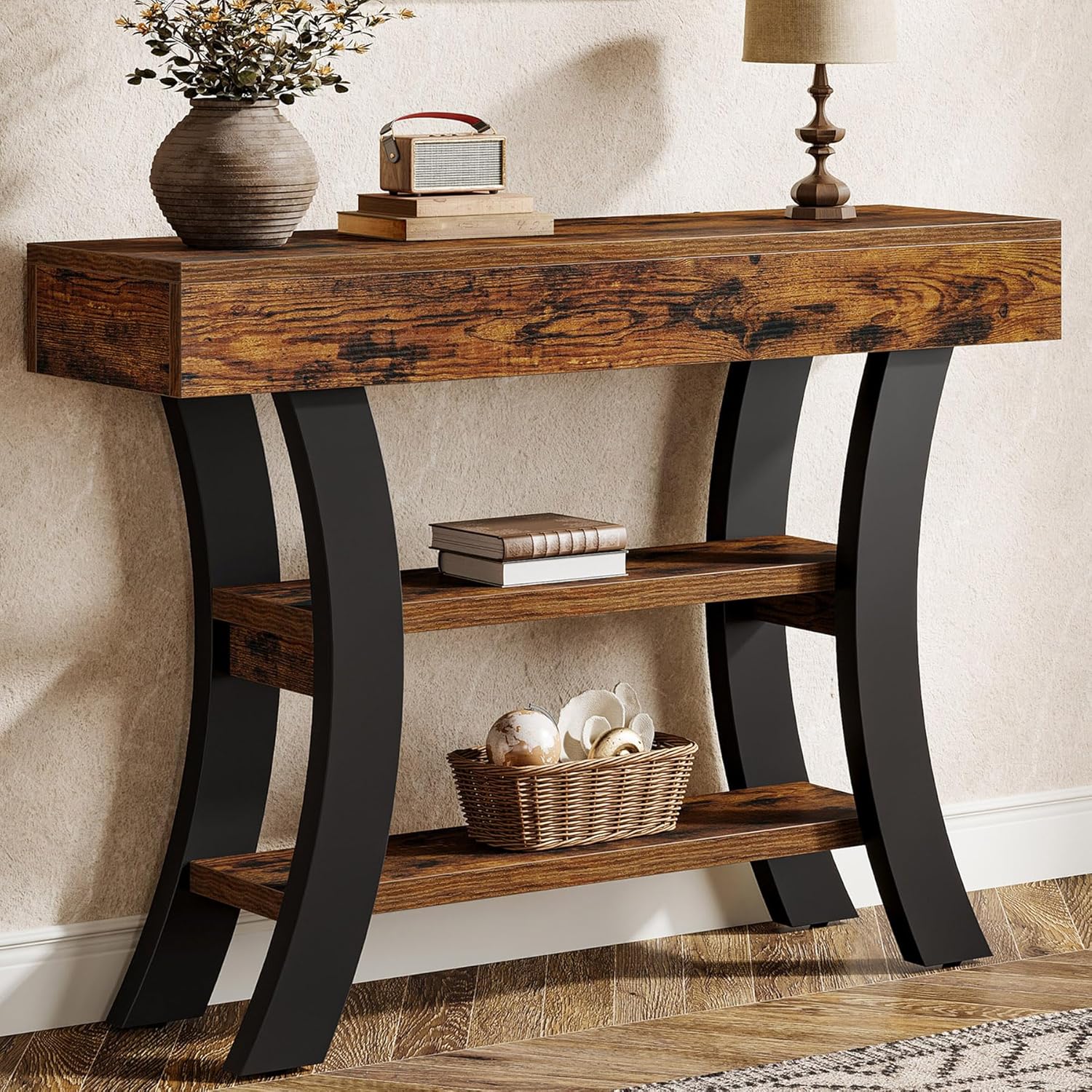 Tribesigns 41" Small Console Table for Entryway, 3-Tier Narrow Rustic Sofa Table with Storage Shelves and Curved Frame for Living Room, Entry, Hallway, Foyer, Rustic Brown