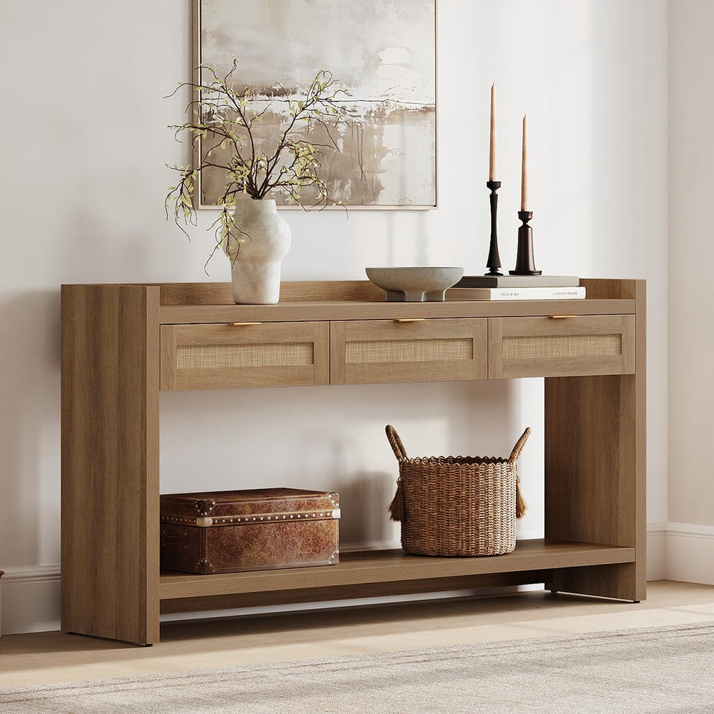 SICOTAS 60" Rattan Console Table for Entryway - Farmhouse Entry Table Sofa Table with 3 Drawers, Narrow TV Console Table with Storage for Living Room, Hallway, Couch, Foyer