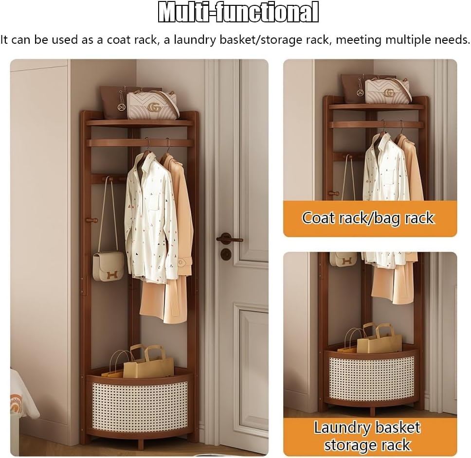 Corner Clothes Rack with Laundry Basket, Freestanding Coat Rack with Hooks, Wooden Corner Hall Tree with Storage Shelf for Bedroom, Entryway, Small Spaces(Brown)