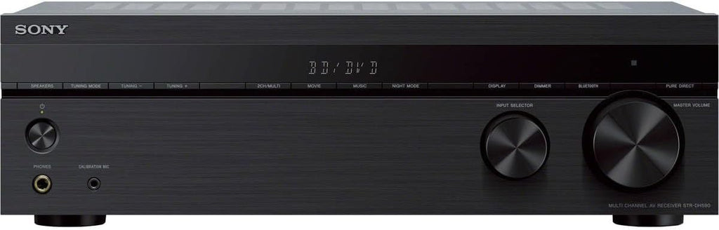 Sony STRDH590 5.2 Channel Surround Sound Home Theater Receiver: 4K HDR AV Receiver with Bluetooth, Black Bundle + H&A HDMI Cable & 100Ft 16 AWG Wire Cable + 6 Pairs Speaker Connector Banana Plugs