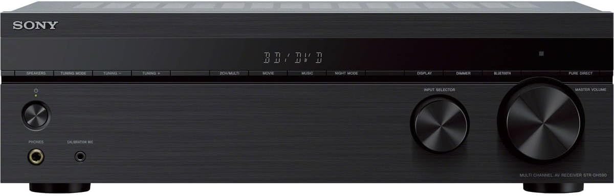 Sony STRDH590 5.2 Channel Surround Sound Home Theater Receiver: 4K HDR AV Receiver with Bluetooth, Black Bundle + H&A HDMI Cable & 100Ft 16 AWG Wire Cable + 6 Pairs Speaker Connector Banana Plugs