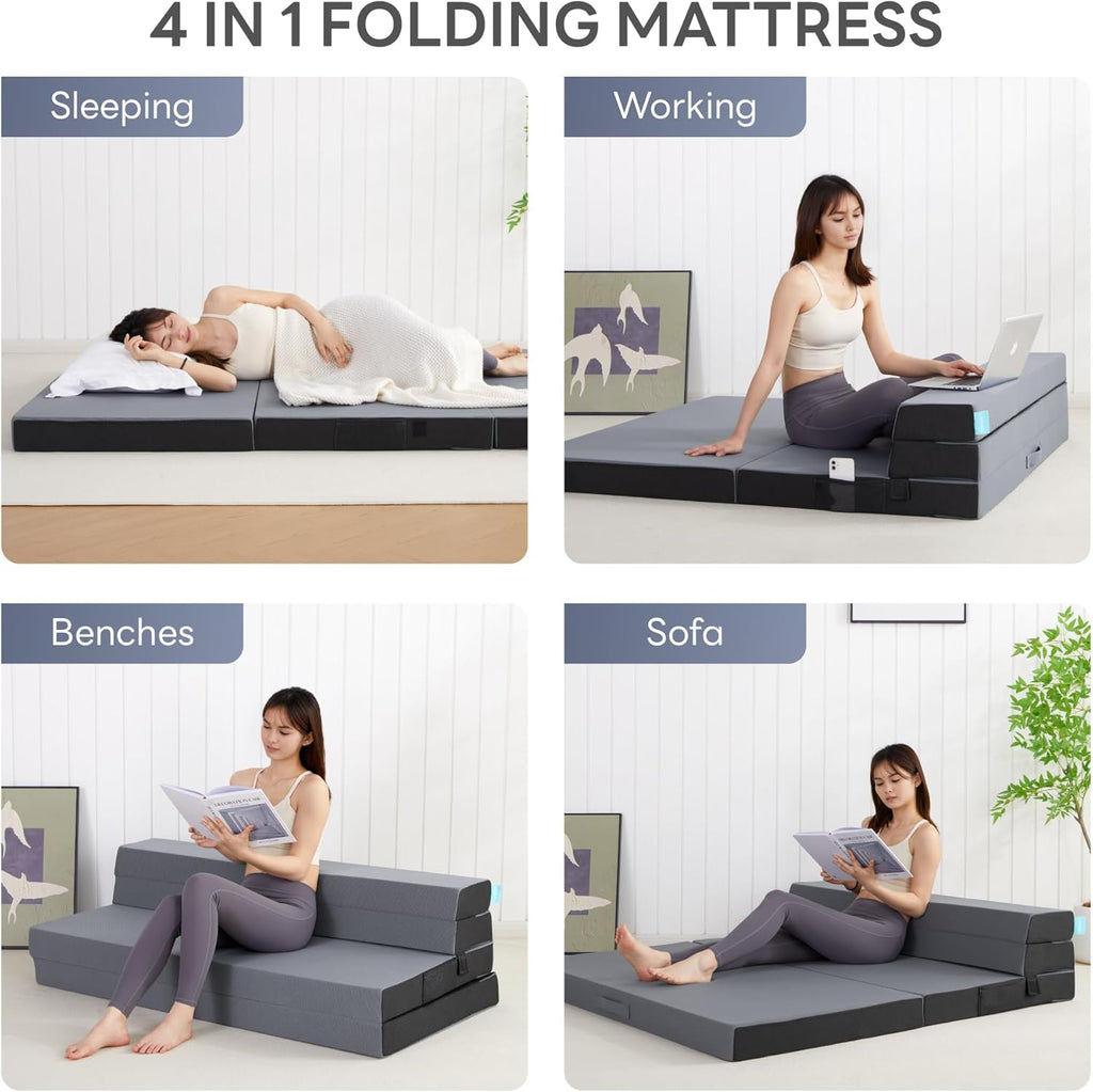 LIKIMIO Folding Mattress Full, High Density Foam Mattress with Breathable and Washable Cover & Storage Bag, 4 Inch Foldable Mat Topper for Camping, RV and Yoga, Handle Design, Gray