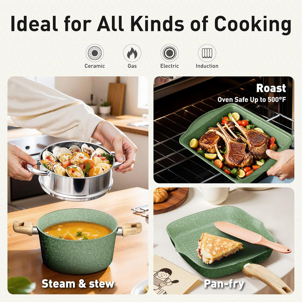17 Piece Pots and Pans Set Non Stick, Nonstick Induction Granite Kitchen Cookware Sets, Induction Cookware Frying Pans, Nonstick Granite Cooking Set, Pan Sets for Cooking, Green