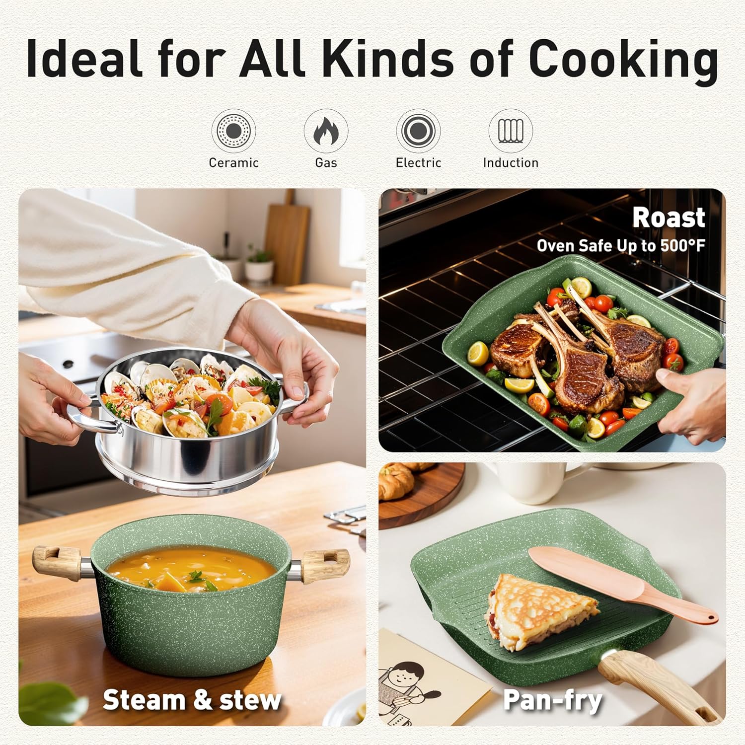 17 Piece Pots and Pans Set Non Stick, Nonstick Induction Granite Kitchen Cookware Sets, Induction Cookware Frying Pans, Nonstick Granite Cooking Set, Pan Sets for Cooking, Green
