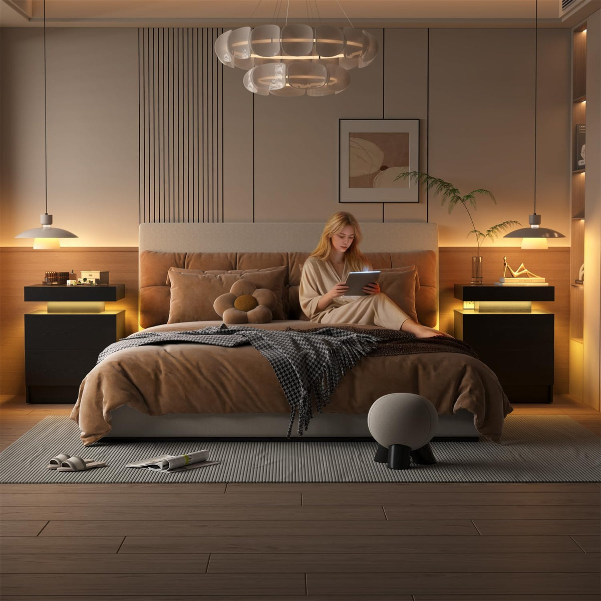 LED Nightstands Set of 2, Modern Black Night Stand End Tables with APP & Remote Control LED Lighting, 2 Drawers, Open Shelf Storage, Bedside Tables for Bedroom and Living Room