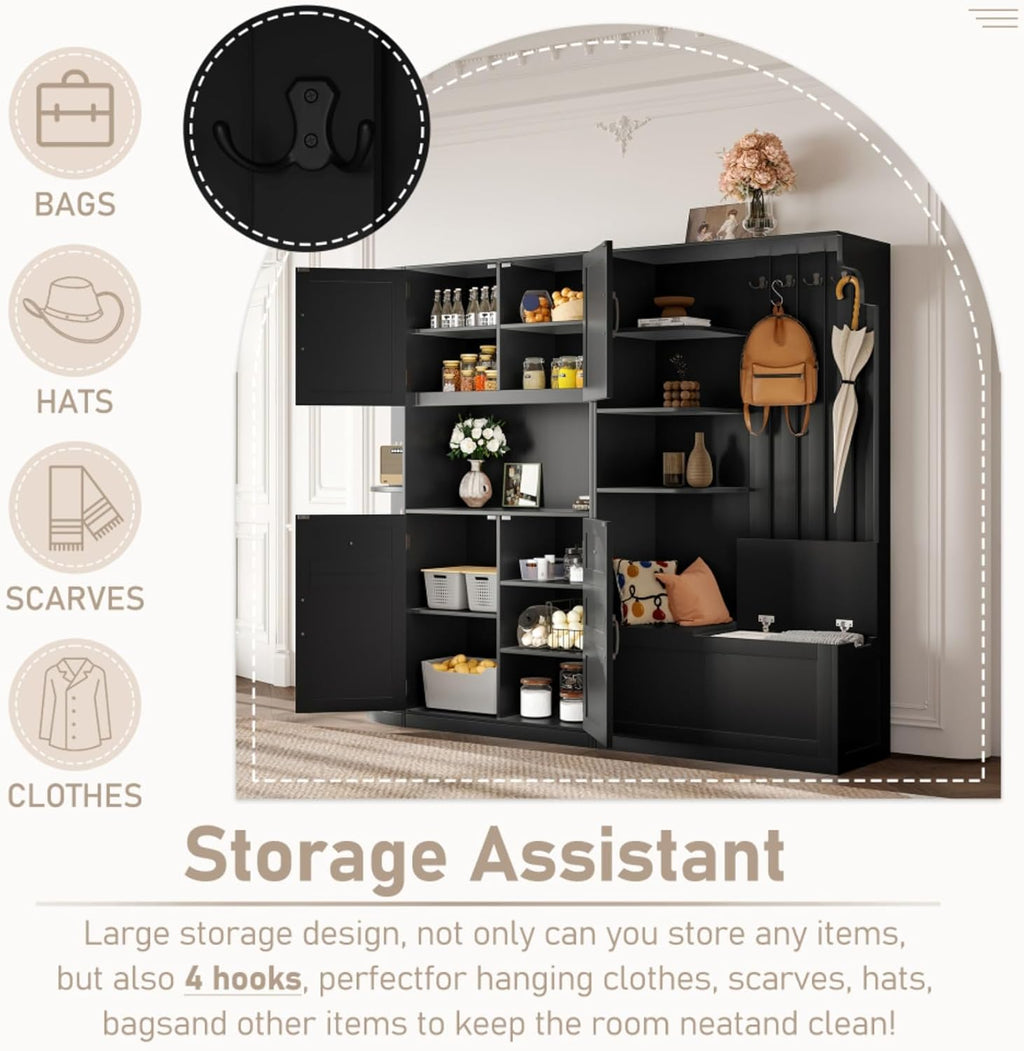Multifunctional Left-Right Combination Hall Cabinet, Hall Tree with Storage and 4 Hooks, Storage Cabinet for Living Room, Kitchen and Hallway, Black