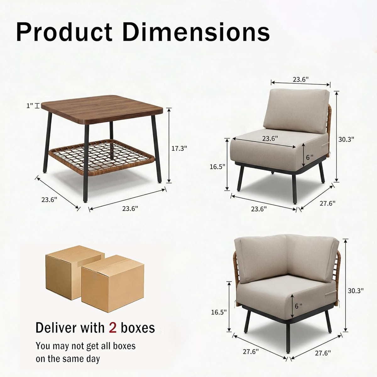 6-Piece Patio Conversation Set, Outdoor Sectional Sofa Modular Wicker Furniture with Thick Cushions & Wood Grain Coffee Table, Patio Furniture for Backyard Porch