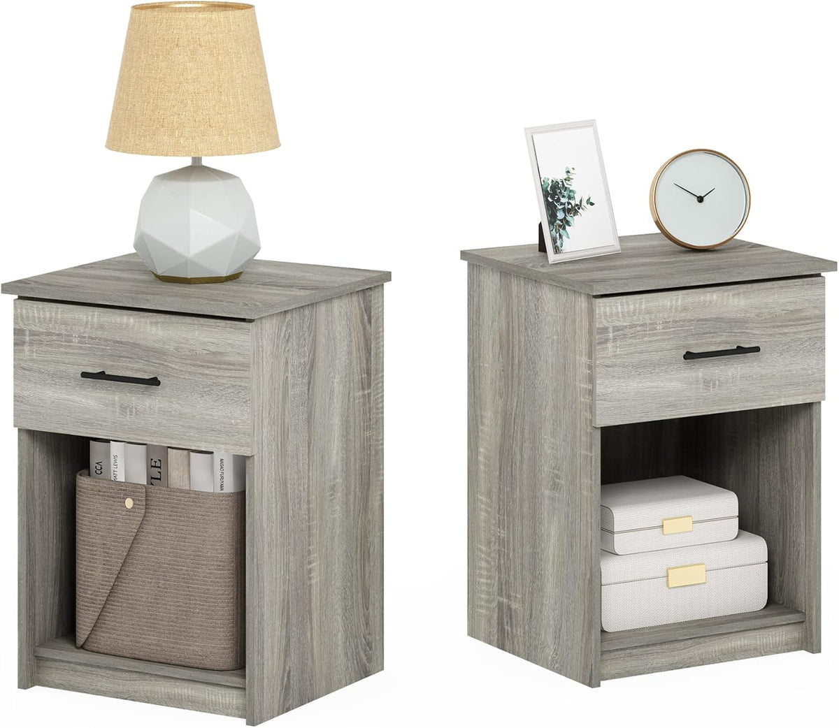 Furinno TIDUR Night Stand Set of 2, Modern Nightstand with Drawer, Bedside Table with Storage Shelf, End Table, Side Table, Bar Handle Drawer, for Bedroom, Closet, Dorm, Grey Oak