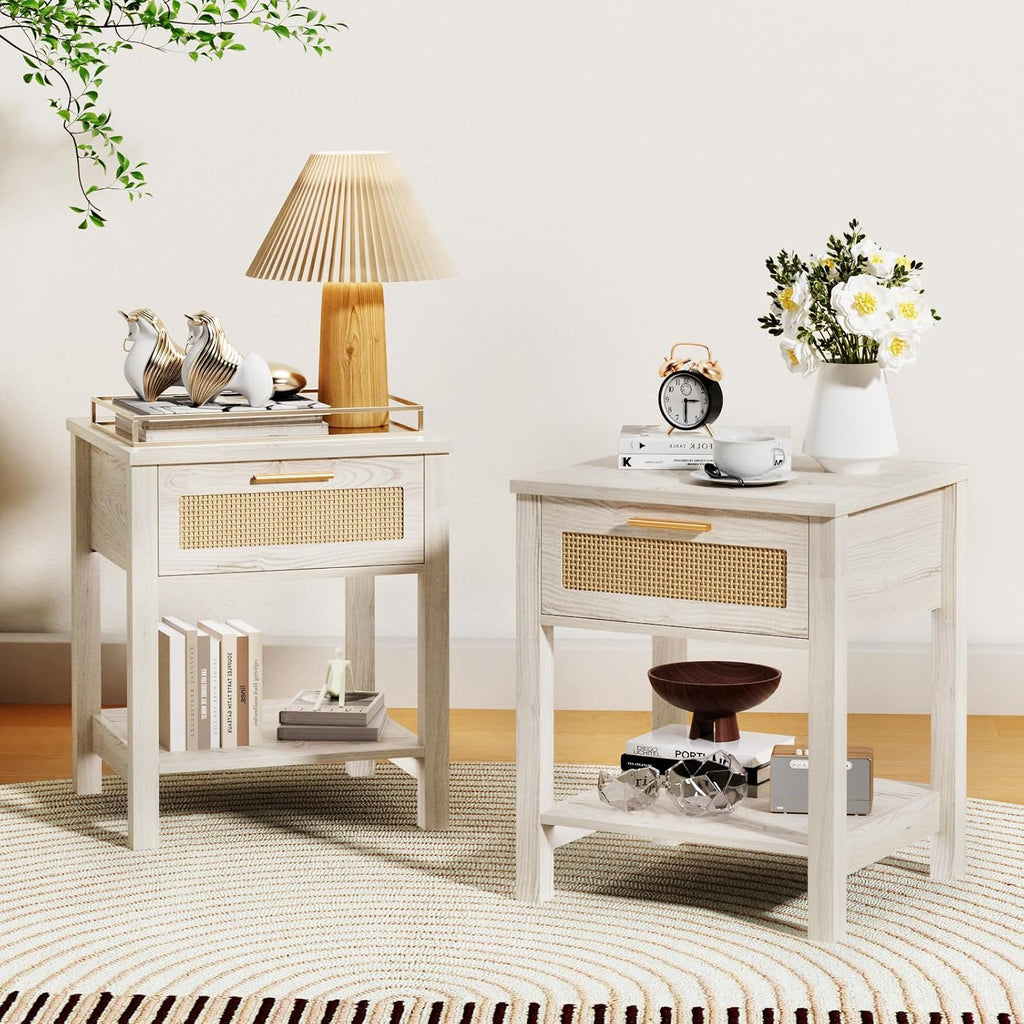 Set of 2 Nightstands, Modern End Table with Drawer and Storage Shelf, Rattan Night Stand for Bedroom Small Spaces, White Cream