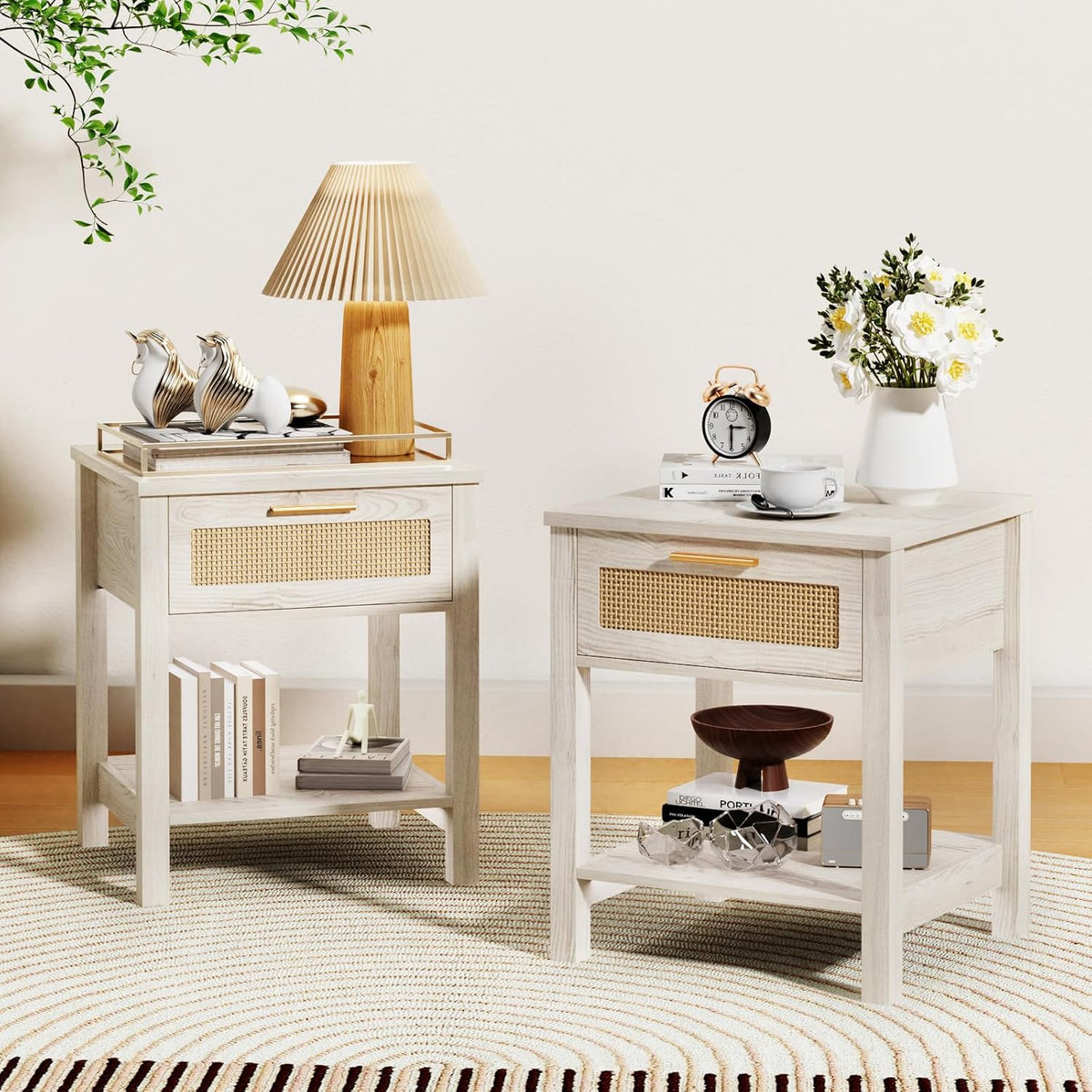 Set of 2 Nightstands, Modern End Table with Drawer and Storage Shelf, Rattan Night Stand for Bedroom Small Spaces, White Cream