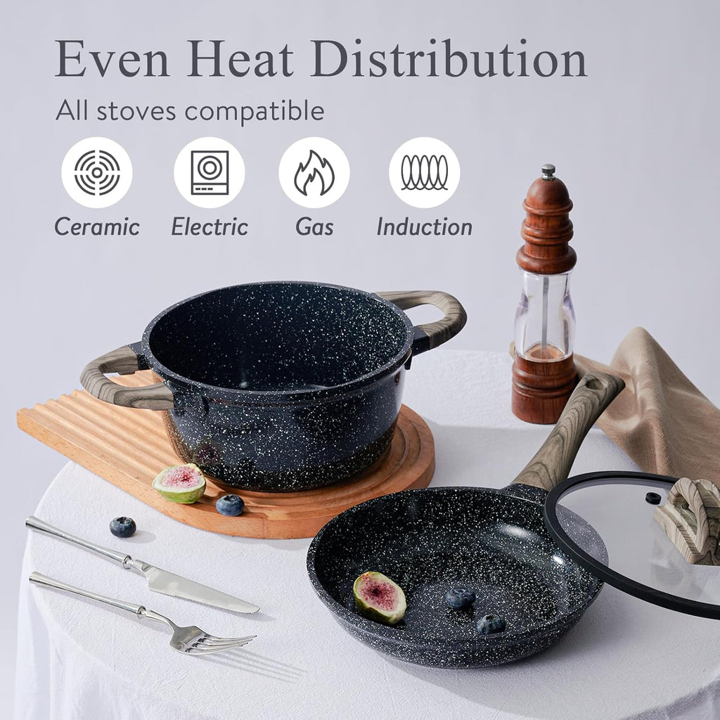 USELUCK Ceramic Cookware Set 22 Piece Nonstick Pots and Pans Set Non Stick Kitchen Cooking Sets 8"Frying Pans with Lid,Black Granite Non-Toxic Induction Kitchen Cookware w/Glass Lids PFOS/PFOA-Free