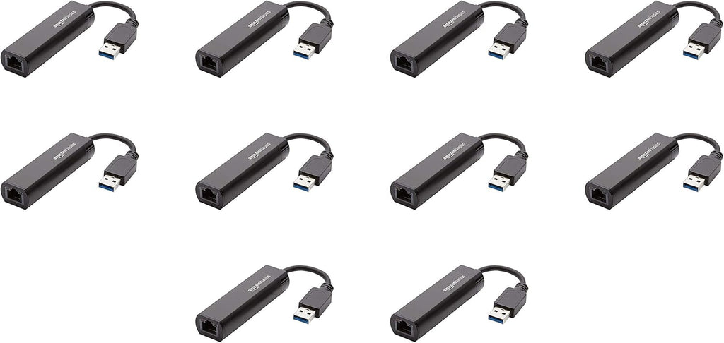 Amazon Basics USB 3.0 to 10/100/1000 Gigabit Ethernet Internet Adapter, Compatible with Windows and macOS, 10-Pack, Black