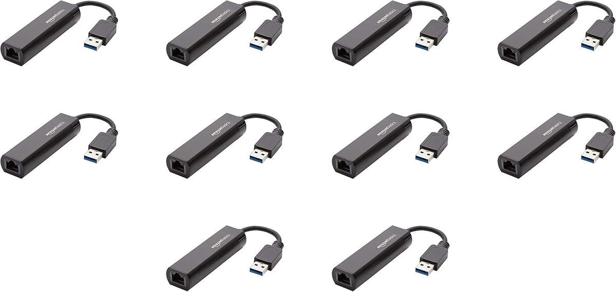 Amazon Basics USB 3.0 to 10/100/1000 Gigabit Ethernet Internet Adapter, Compatible with Windows and macOS, 10-Pack, Black