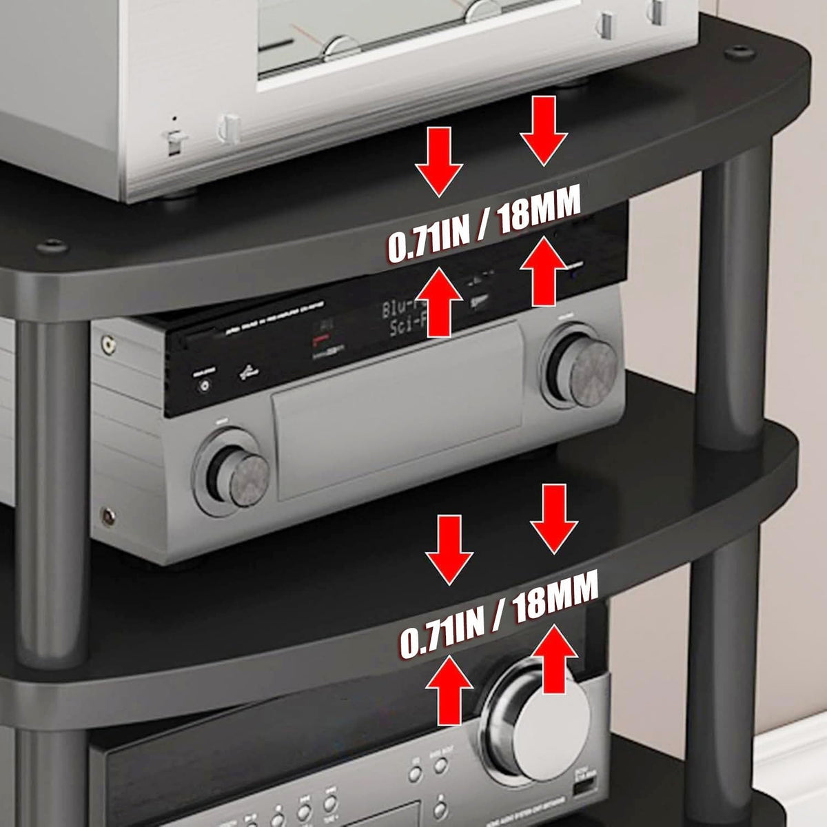 4 Tier AV Media Stand, Audio Rack Tower Adjustable Height, TV Game Console Equipment Shelf, CD Record Player Stereo Component Rack Cabinet for Home Theater Studio (Black)