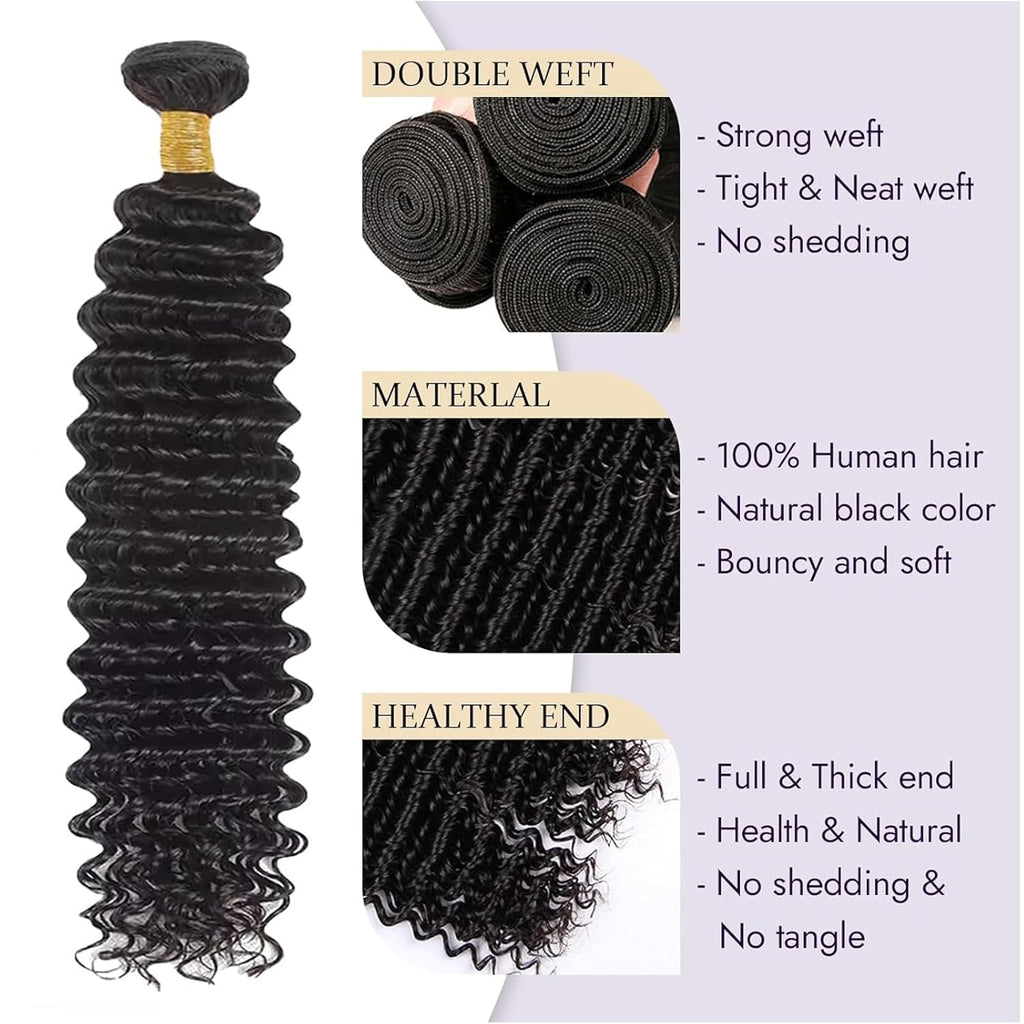 Deep Wave Human Hair Bundles, 22 24 26 Inch 13A Curly Bundles Human Hair, Wet and Wavy 100% Brazilian Virgin Quick Weave Deep Wave Bundle for Women, 300G