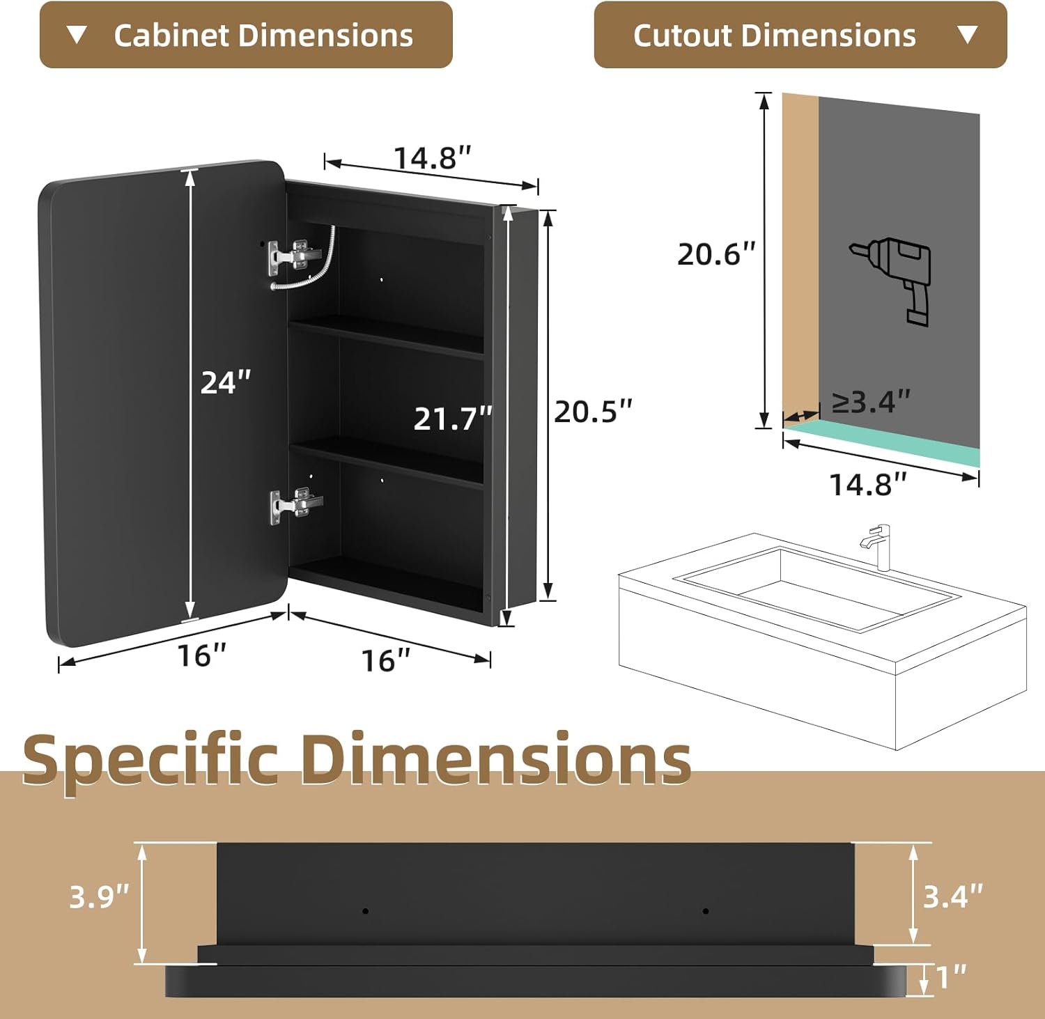 16x24 LED Medicine Cabinet with Mirror, Lighted Mirror Cabinet for Bathroom with Dimmable 3-Color Lights, Anti-Fog with HD Tempered Glass,Recessed or Wall Mount Medicine Cabinet with Lights