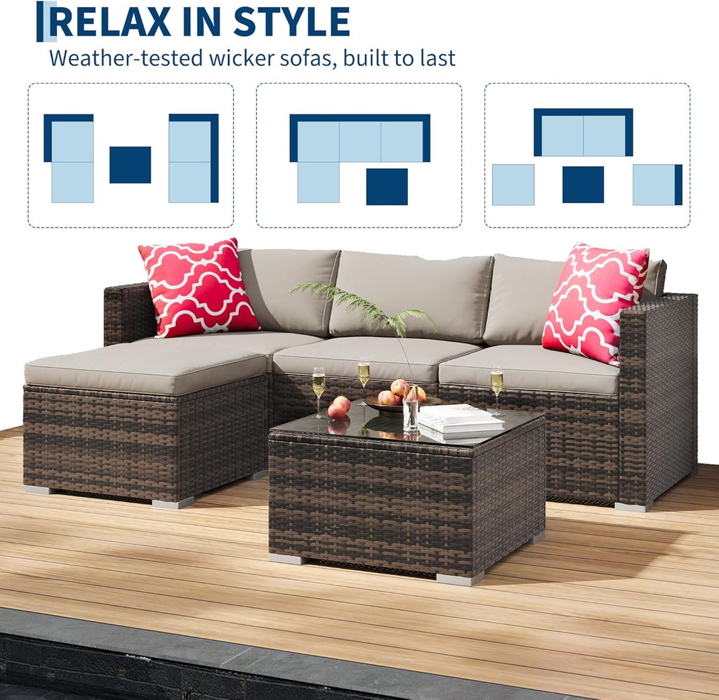 GAOMON 5-Piece All-Weather Patio Furniture Set, Convertible Outdoor Sectional Sofa with Ottoman & Tempered Glass Table, PE Rattan Conversation Set for Garden, Backyard, Porch, Poolside
