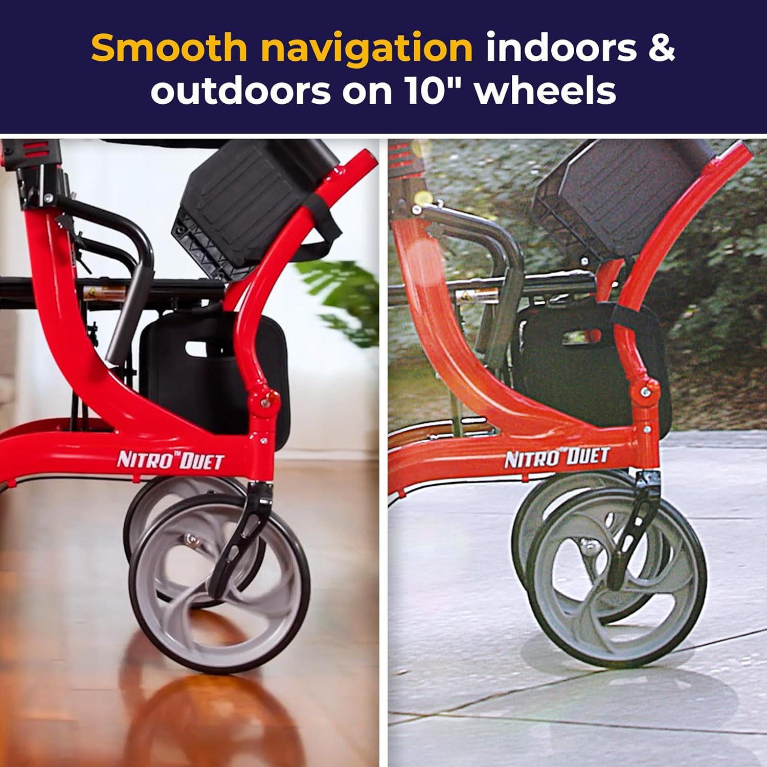 Drive Medical Nitro Duet Dual Function Foldable Rollator Walker & Transport Wheelchair for Seniors & Adults - Hand Activated Brakes & Back Support - Large Front Wheels - Red