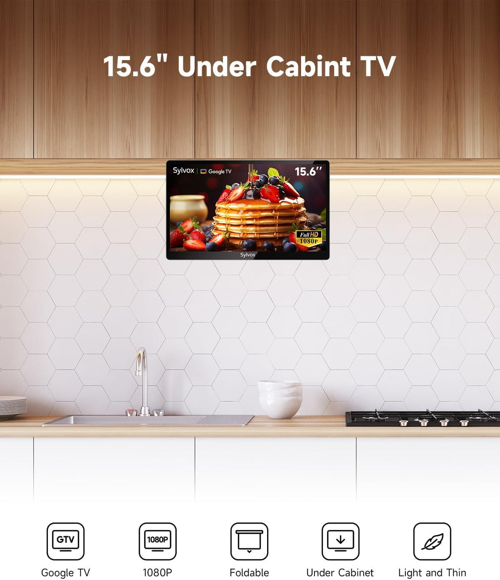 SYLVOX 15.6" Kitchen TV, 1080P FHD Under Cabinet TV with App Store, Voice Assistant, Chromecast, 12-Volt for Small Spaces, Kitchen, Bedroom, RV - Fits Tight Cabinets