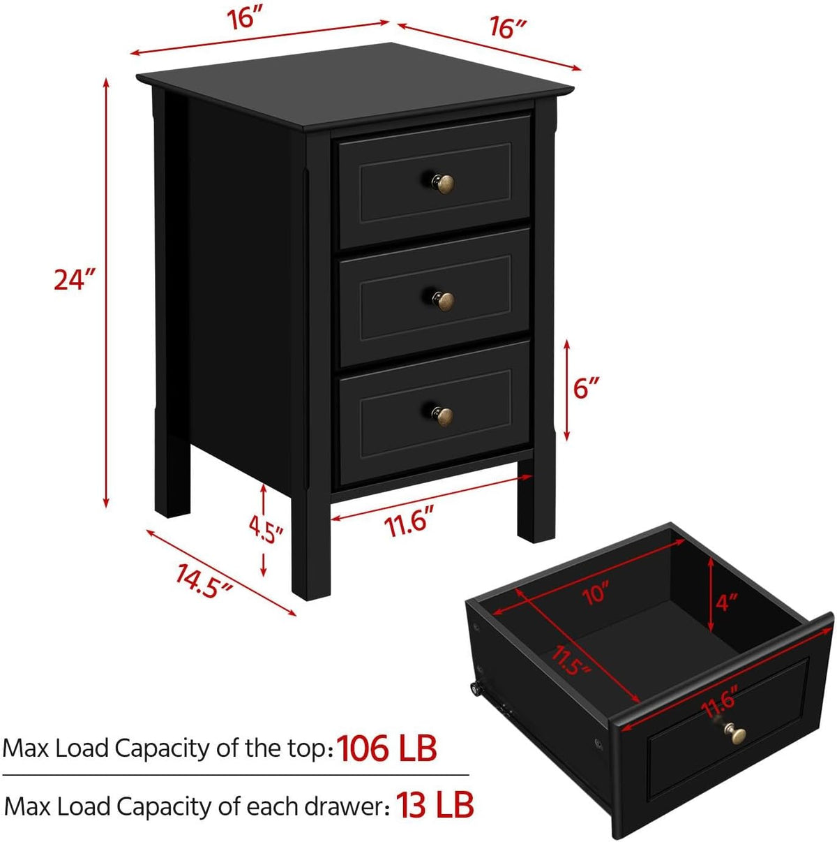 Yaheetech Nightstand Set of 2,Wooden 3-Drawer Bedside Table with Solid Wood Legs, Bedside Cabinet Cupboard Storage Organizer for Bedroom Home Office Small Space, Easy Assembly, Black