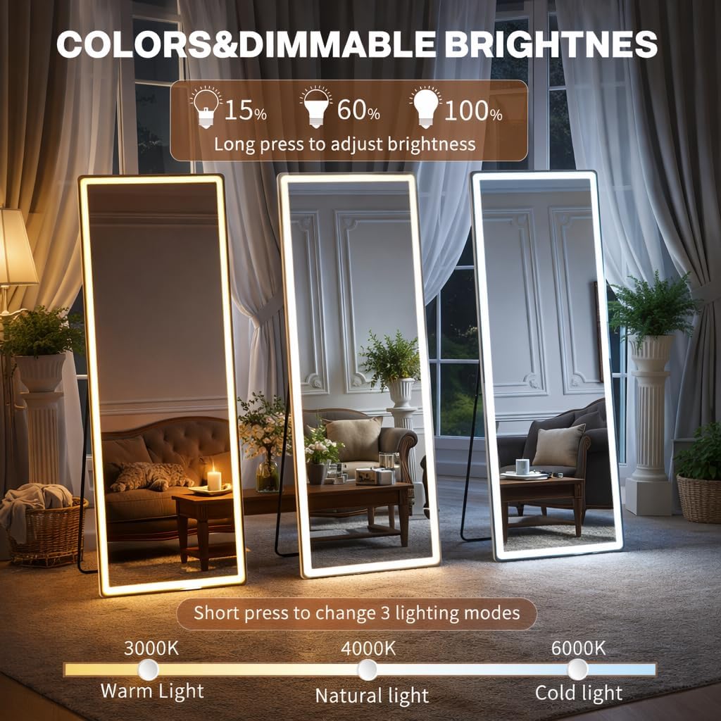 71" x 26" Arched Full Length Mirror with LED Lights, Floor Mirror with Stand, Wall Mirror Full Length, Body Floor Mirror, Wall Mounted Mirror for Bedroom, Dimmable, Tempered Glass