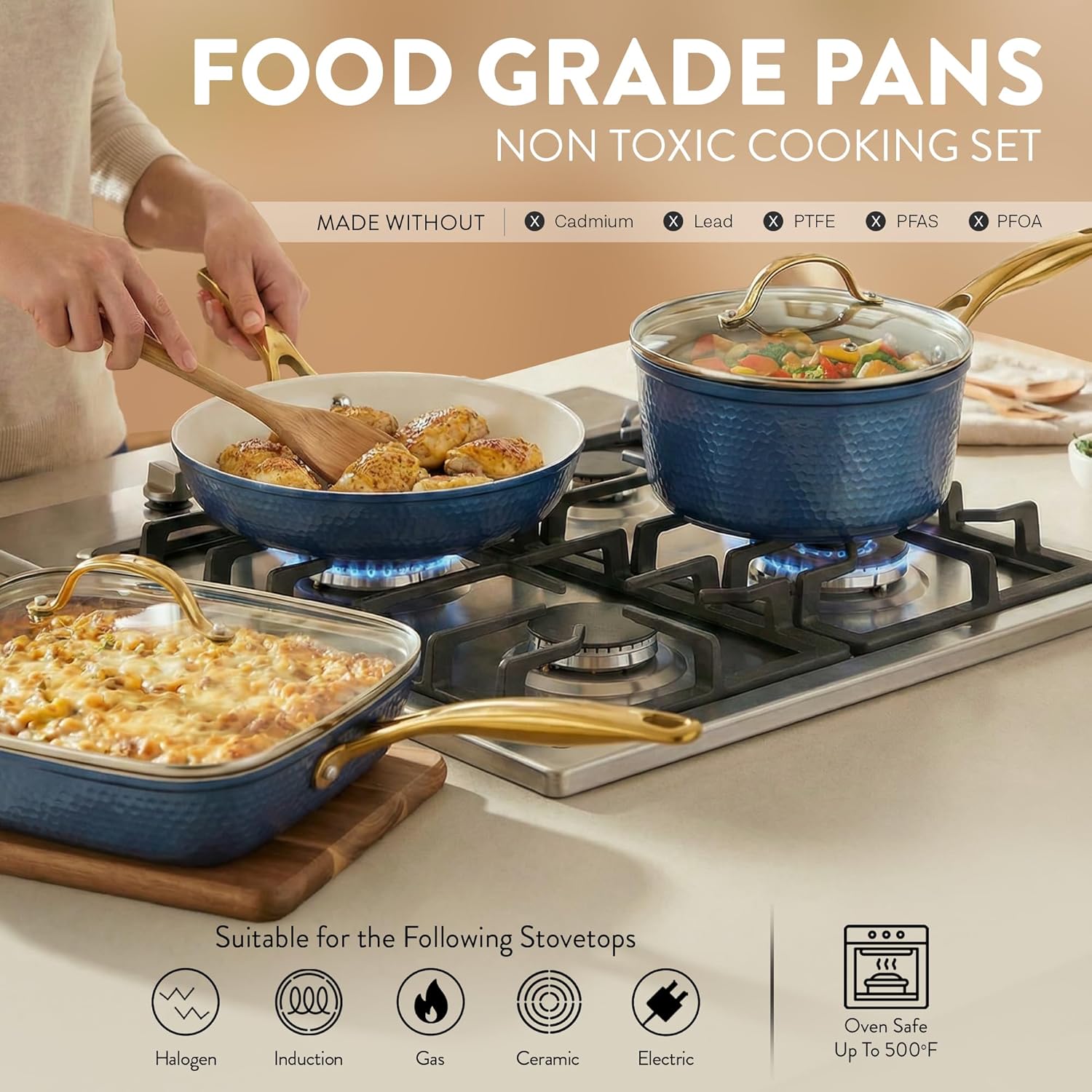 Gotham Steel Hammered 20Pcs Ceramic Cookware Set, Induction Pots and Pans Set Non Stick with Deep Fry Pan, Steamer, & Bakeware, Non Toxic PFOA PFOS Free, Oven & Dishwasher Safe