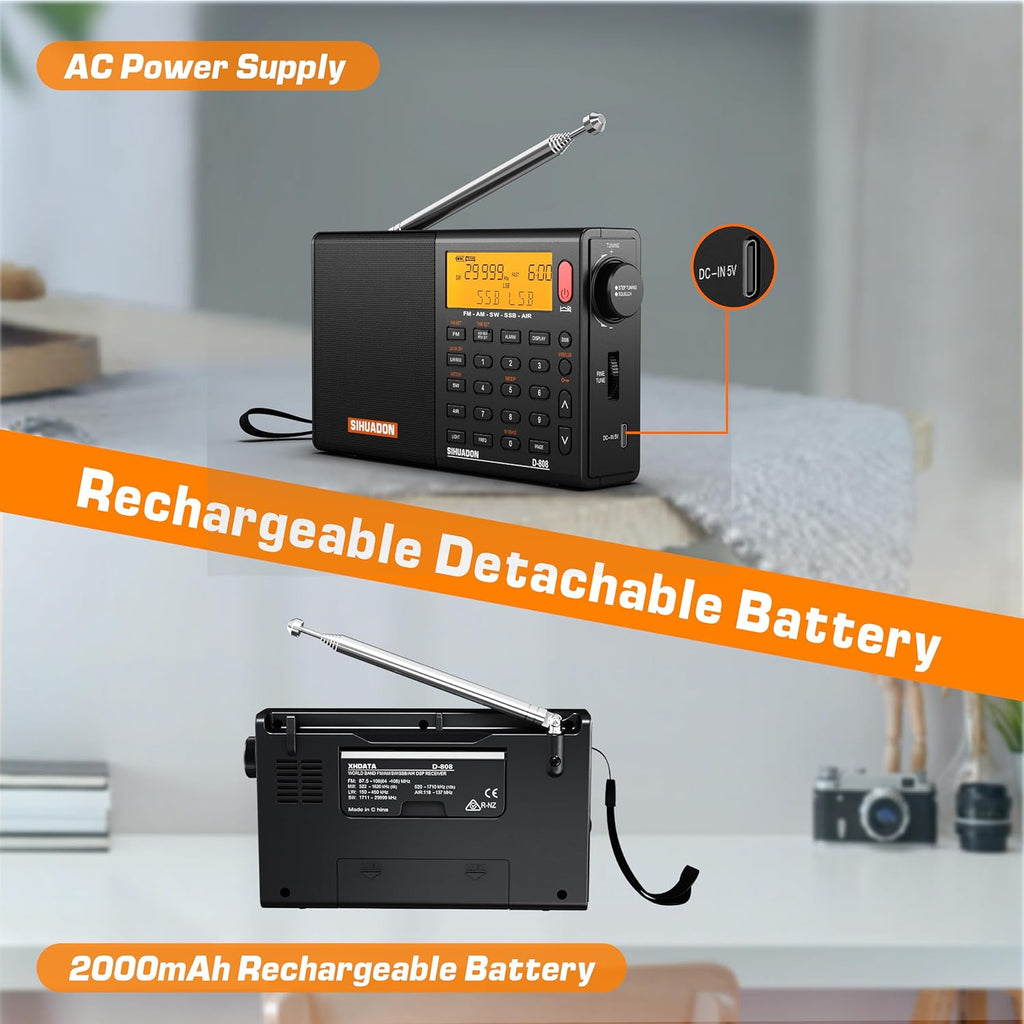 XHDATA D808 Portable AM FM SW LW Air Band Shortwave Radio SSB RDS Multi Band Digital Radio Speaker with LCD Display Alarm Clock External Antenna (Black)