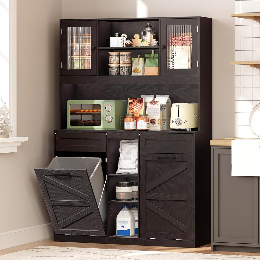 Tall Tilt-Out Double Laundry Hamper Cabinet with 2x11-Gallon Laundry Basket, Trash Bin Cabinet with Fluted Glass Doors, Farmhouse Wooden Bathroom Storage with Push Doors, Black and Walnut