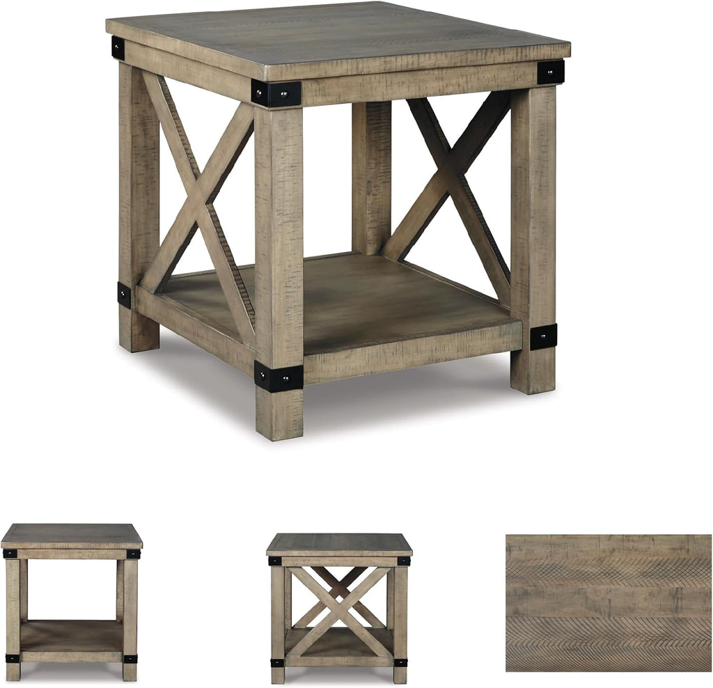 Signature Design by Ashley Aldwin Casual Farmhouse Rectangular End Table with Crossbuck Details, Metal Bracket Accents, Wood, 25" High, Weathered Gray