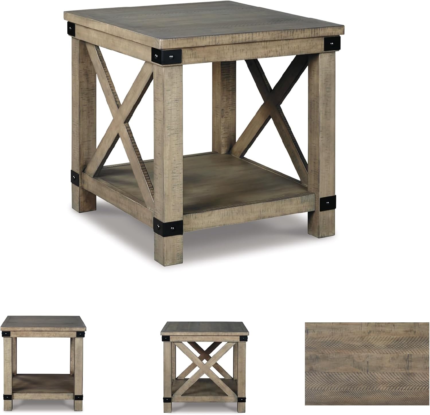 Signature Design by Ashley Aldwin Casual Farmhouse Rectangular End Table with Crossbuck Details, Metal Bracket Accents, Wood, 25" High, Weathered Gray