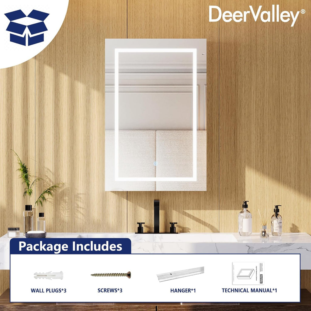 DeerValley 24" W x 36" H Led Lighted Medicine Cabinet with Mirror, Bathroom Medicine Cabinet with Defogger & 3-Color, Wall Mounted Mirrored Medicine Cabinets with Lights