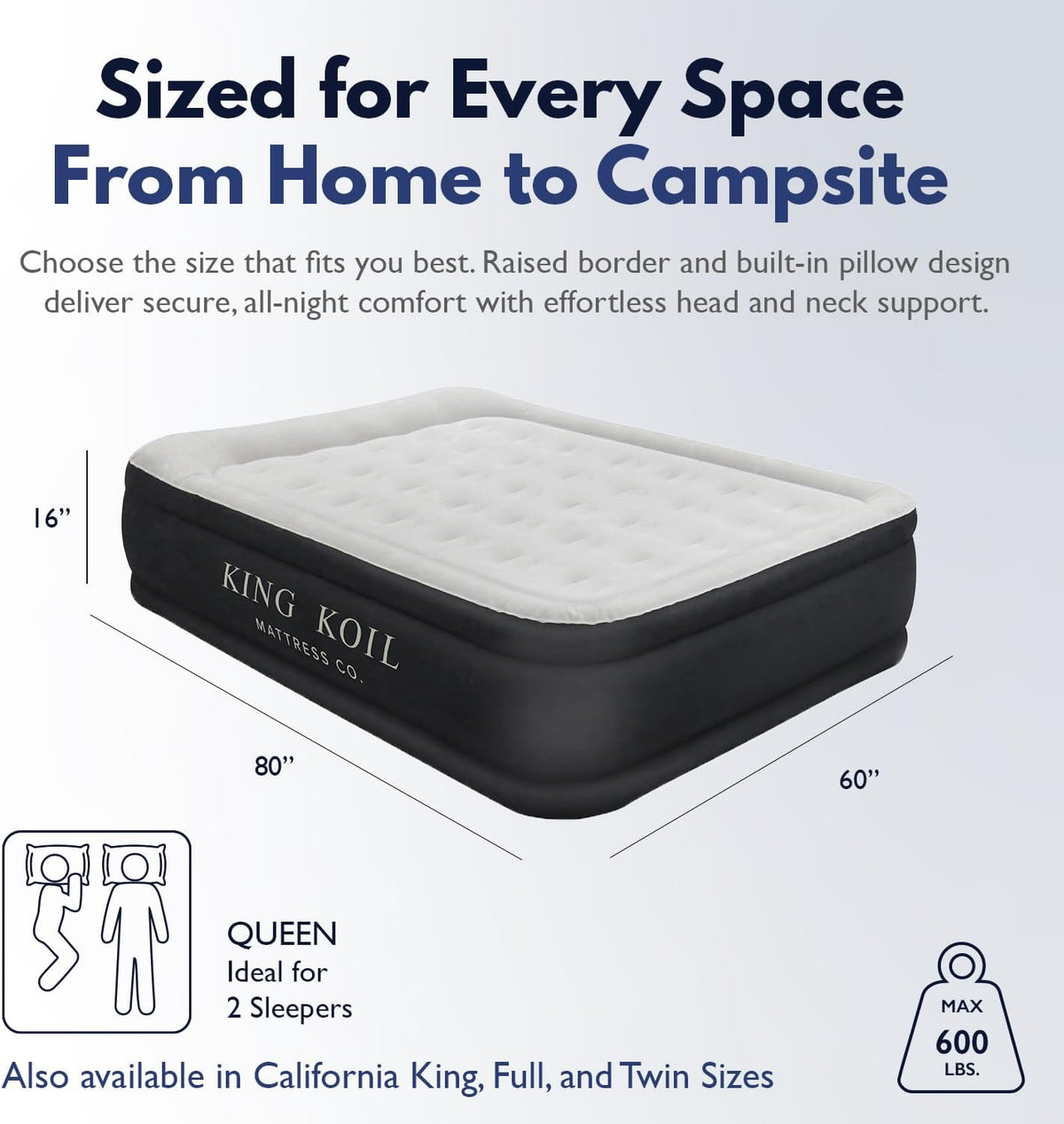 King Koil Luxury Pillow Top Plush Queen Air Mattress with High-Speed Built-in Pump, Blow Up Bed Top Side Flocking, Puncture Resistant, Double High Inflatable Airbed Guests & Travel 1-Year Warranty