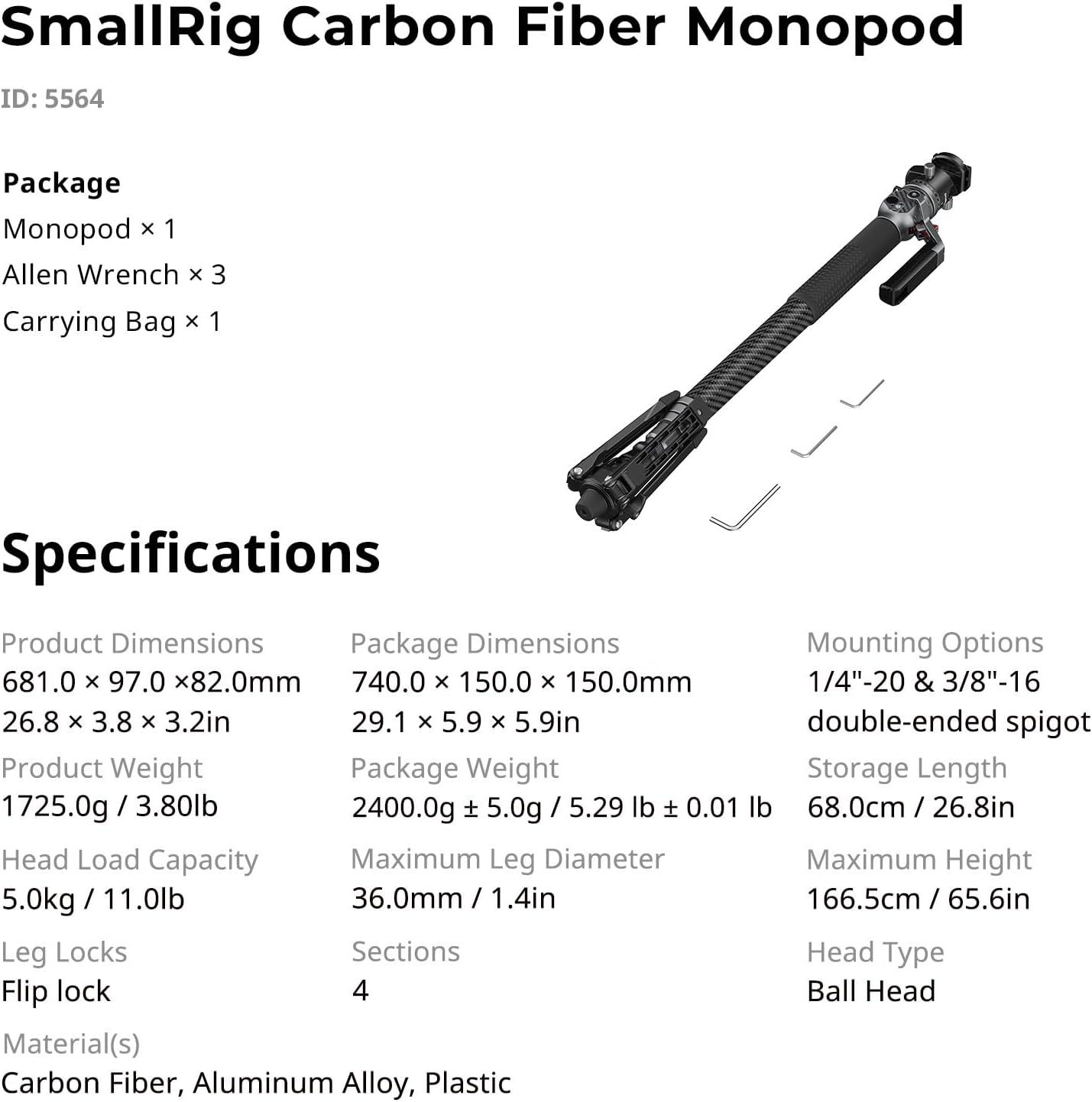 SmallRig 166.5cm / 65.6" Carbon Fiber Monopod for Camera, Compact Camera Monopod with One-Touch Height Adjustment, Max. 5kg Playload Ball Head, Storage Size of 68cm / 26.8", Weighs 1.72kg / 3.8lb