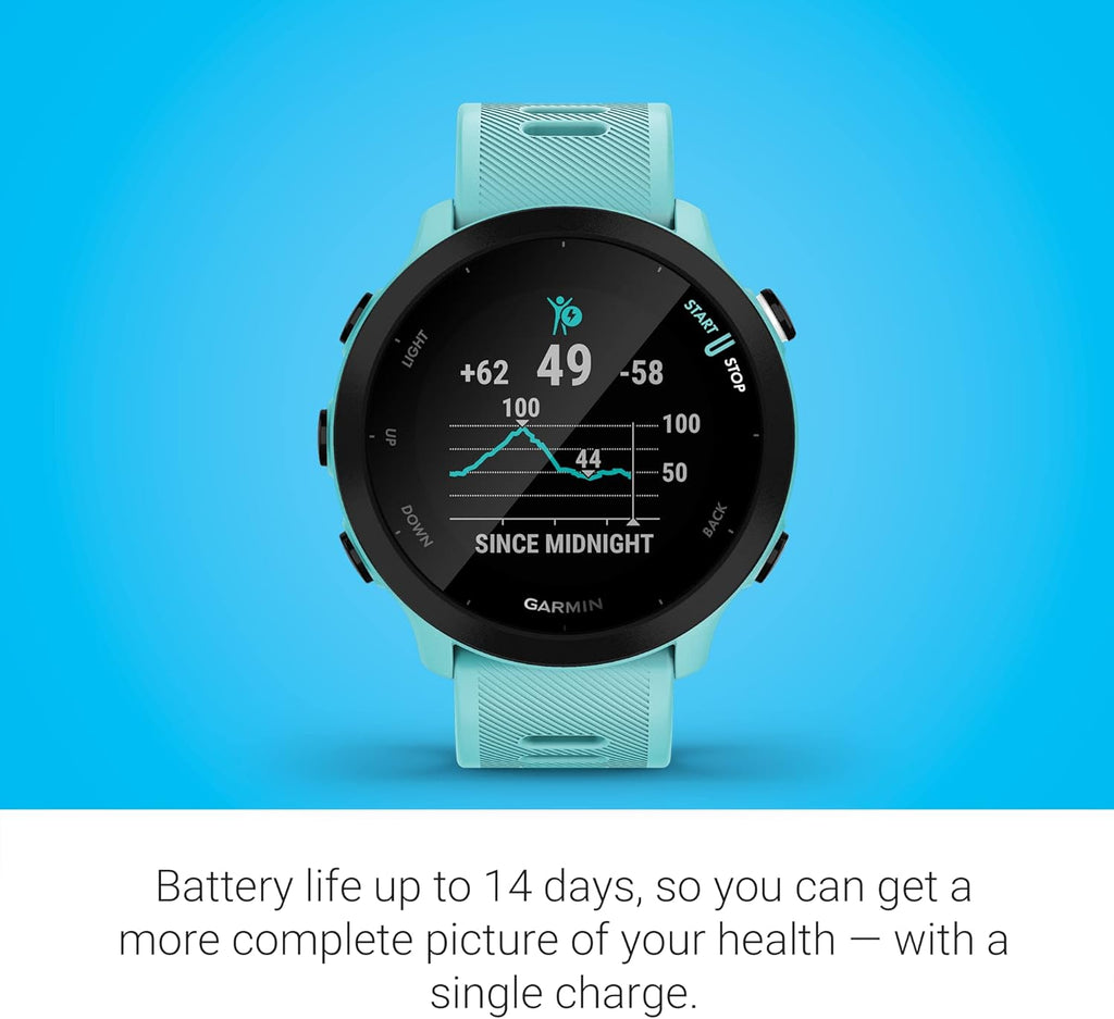 Garmin Forerunner 55, GPS Running Watch with Daily Suggested Workouts, Up to 2 weeks of Battery Life, Aqua One Size (Renewed)