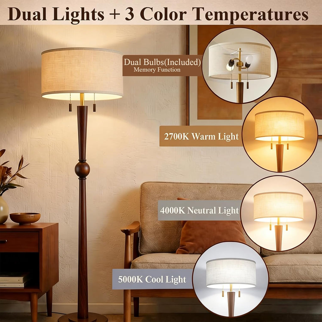 MOFFE 62.8" Solid Wood Floor Lamp,Tall Standing Floor Lamp with 2-Light Pull Chain, 17" Linen Drum Shade, Sculptural Wood Base & Stem,Transitional Floor Lamp for Living Room Bedroom, Includes 2 Bulbs