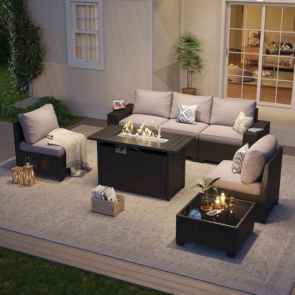 Aoxun Outdoor Patio Furniture Set with 44'' Fire Pit Table, 7 Pcs Outdoor Sectional with 4in Thicken Cushion, Widen Armrests Wicker for Backyard, Grey