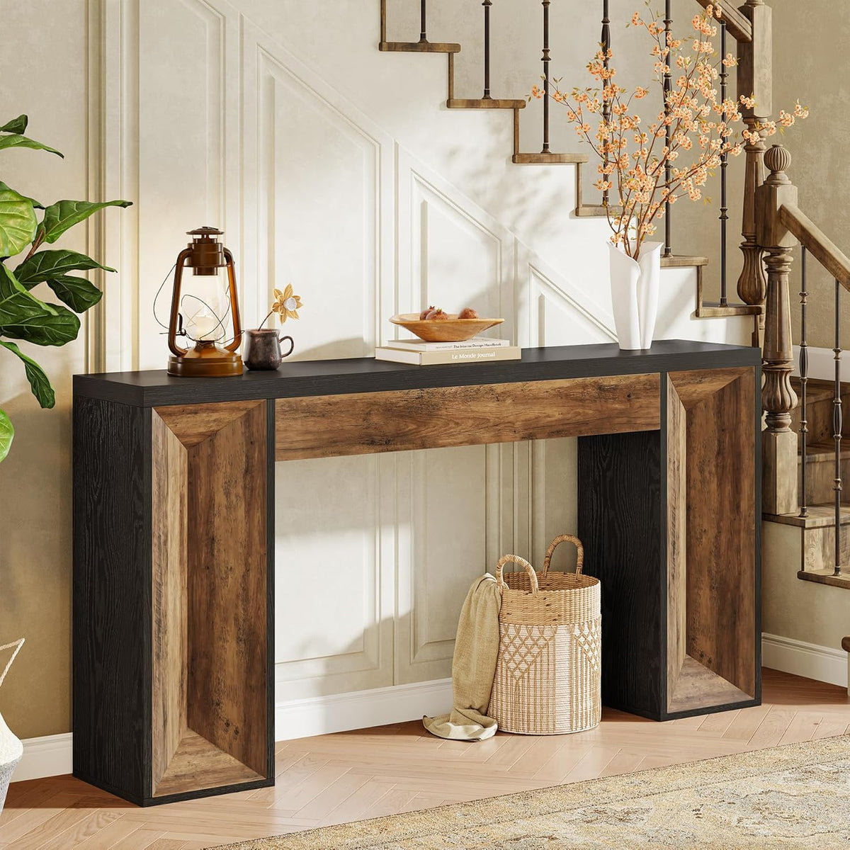 Tribesigns 63-Inch Console Table, Farmhouse Entryway Table with Dual-Tone Design, Rectangular Wood Sofa Table Behind The Couch, Narrow Accent Table for Hallway, Living Room, Foyer, Black and Brown