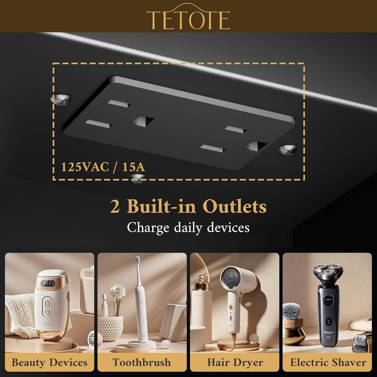 TETOTE Black Led Bathroom Medicine Cabinet with Mirror 20 x 26 Recessed or Surface Mount Metal Framed Lighted Medicine Cabinet, Tempered Glass, 3 Color Dimming, Anti-Fog, 2 Outlets, Adjustable Shelf