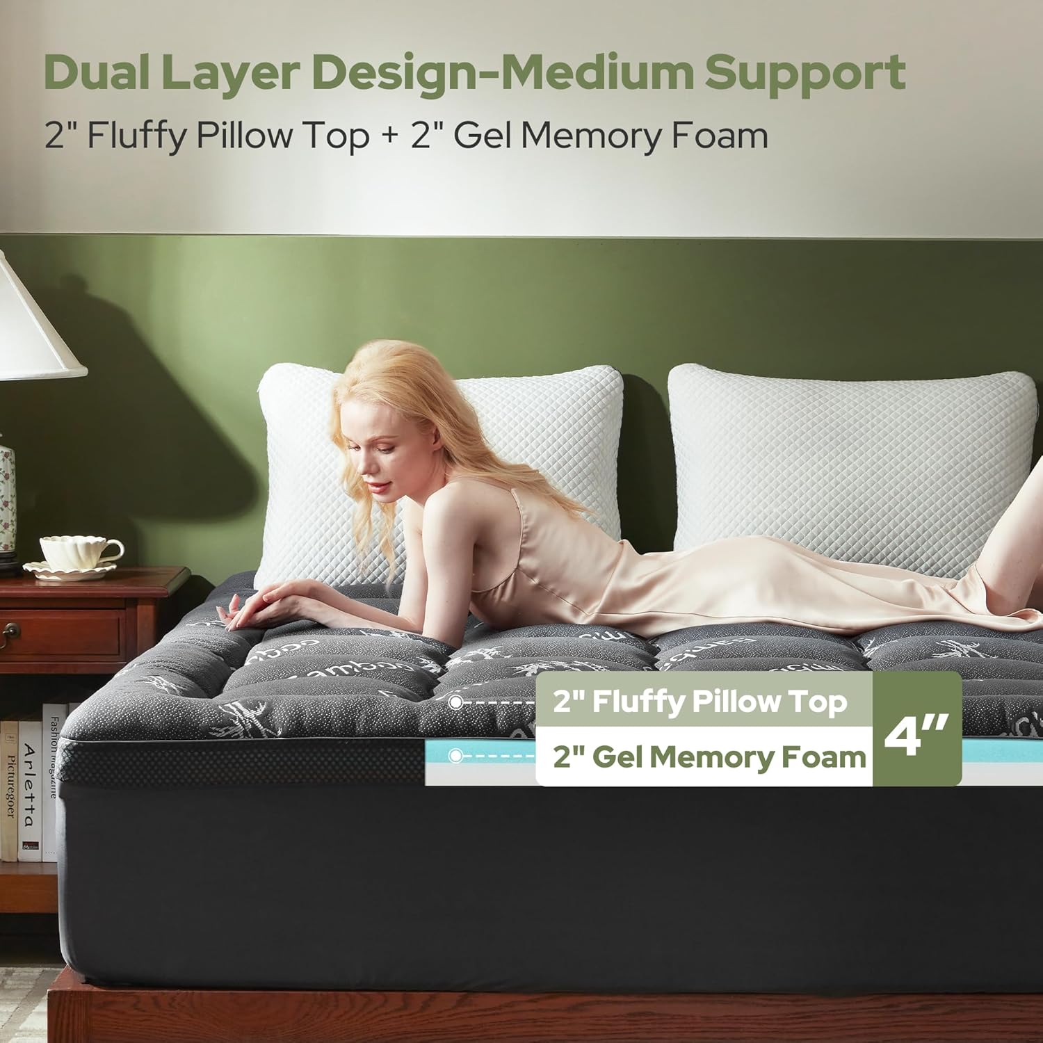 BEDLORE 4 Inch Memory Foam Mattress Topper Queen,2-in-1 Dual Layer Design (2" Gel Memory Foam + 2" Plush Pillow Top Cover) Mattress Topper Medium-Firm,Pressure Relief & Back Pain Support(Dark Gray)