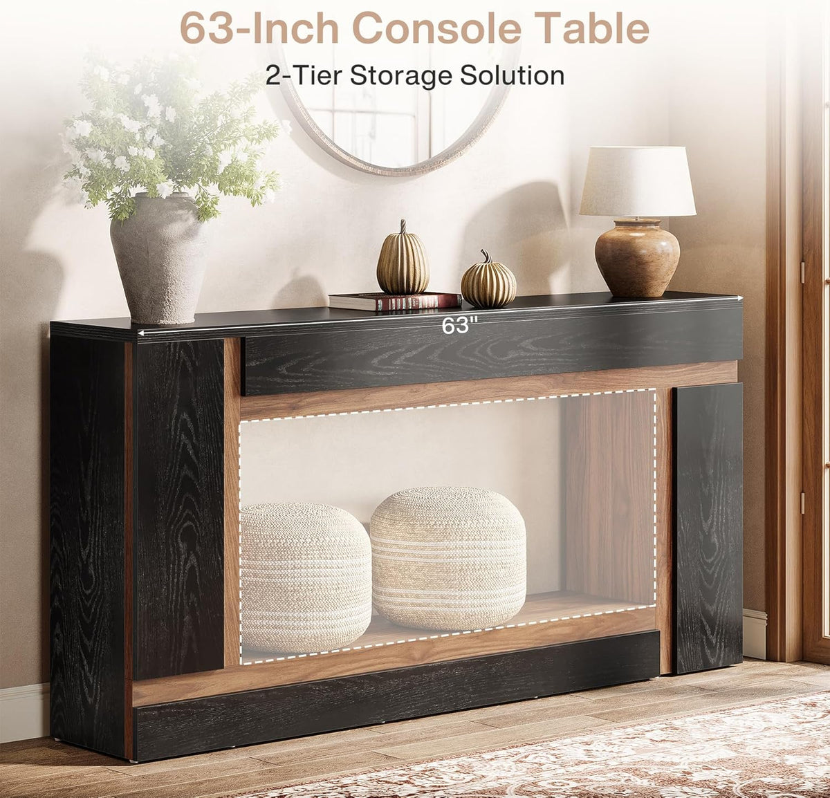 Tribesigns 63-Inch Long Console Table for Entryway, 2-Tier Narrow Wooden Rectangular Sofa Table Behind Couch for Hallway, Entrance, Foyer, Front Door, Living Room, Black & Walnut