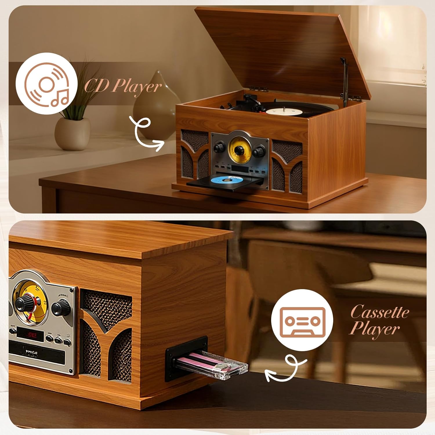 10-in-1 Record Player with Built-in Speakers Wireless Playback, CD & Cassette Player, USB Player, AM/FM Radio, 3 Speeds Turntable Vinyl Record Player Mahogany