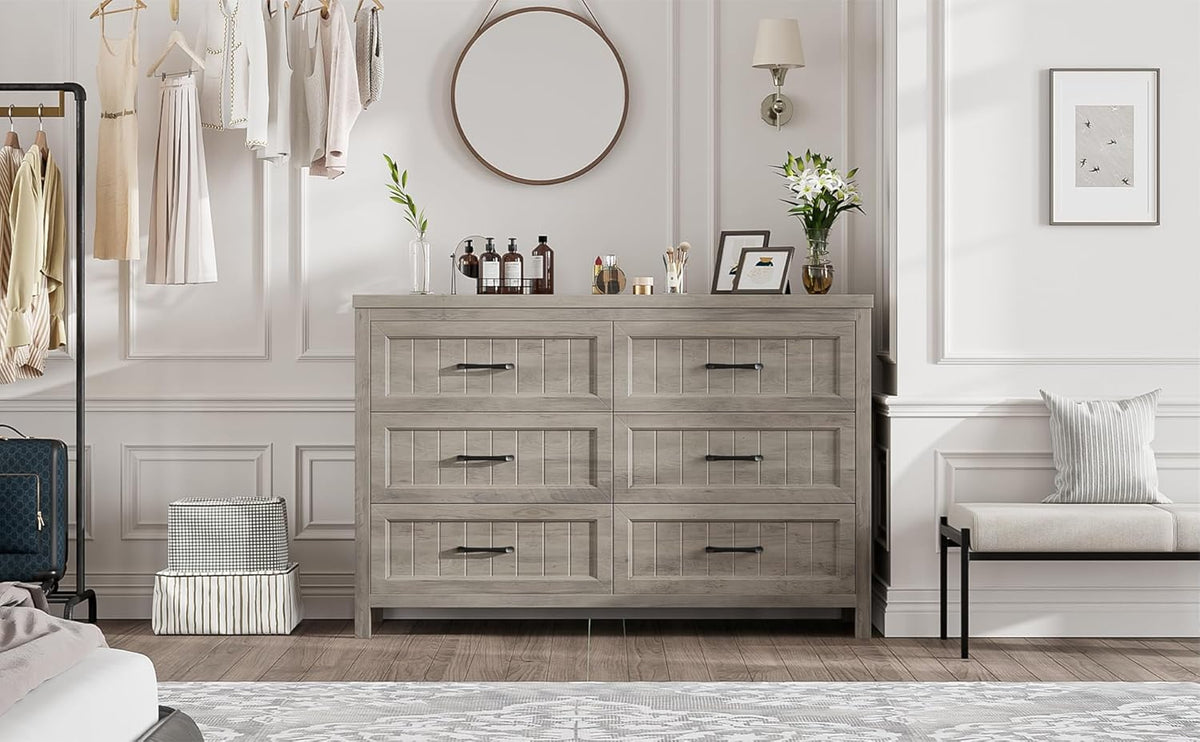 Jocoevol Farmhouse Grey 6 Drawer Dresser for Bedroom, Chest of Drawers - Large Double Dressers TV Stand with Deep Drawers Dressers for Hallway, Entryway - Gray